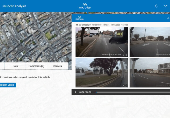 Vignette de surveillance routière en temps réel avec la plateforme Microlise, montrant des images de caméras de sécurité capturant des intersections urbaines et des routes principales pour l’analyse d.