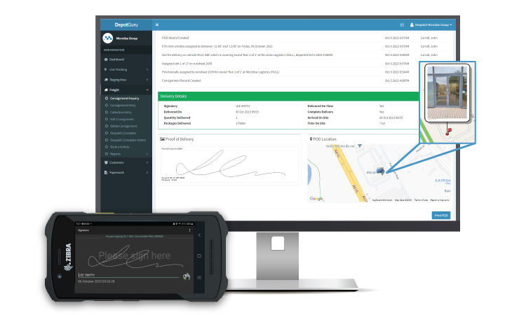 signature captured 2 devices, electronic proof of delivery device and laptop