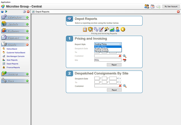 Microlise fleet management software dashboard showing depot reports for freight, delivery, and stock management.