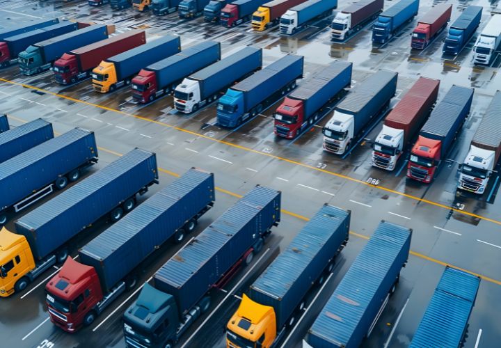fleet of lorries parked in a lot
