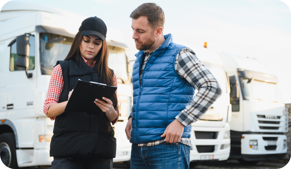 fleet safety manager and driver in front of lorries