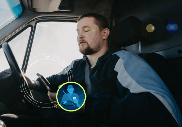 Real-time driver monitoring system in truck cab for enhanced safety and compliance.