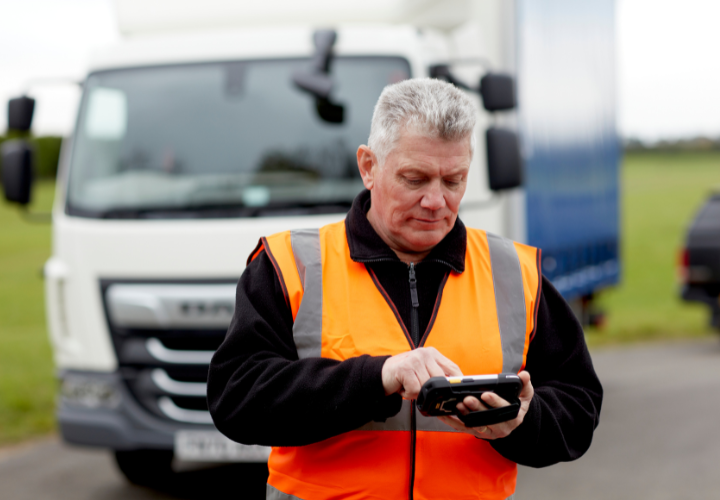 Microlise transport management technology in use by a logistics professional.