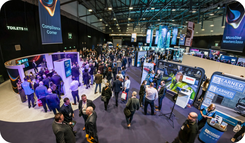 1. Industry conference with Microlise showcasing transport technology, telematics solutions, and fleet management innovations at a busy exhibition hall.