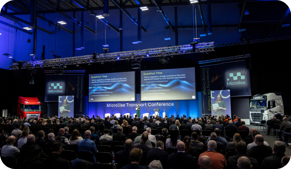 Innovative transport conference by Microlise featuring industry leaders, technology displays, and keynote presentations on logistics solutions and fleet management.