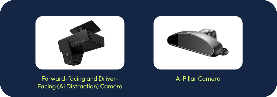 Forward-facing and driver-facing AI distraction camera, and A-pillar camera for enhanced vehicle monitoring.