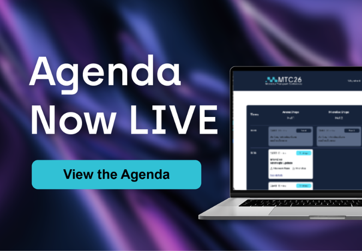 Digital screenshot of the Microlise MTC26 online agenda platform showcasing live event schedule and session details.