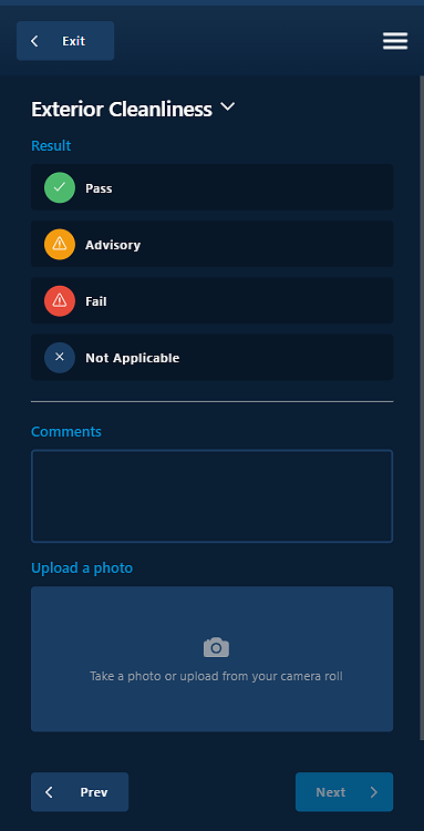 Vehicle inspection check results displayed on Microlise platform, showing pass, advisory, and fail statuses for exterior cleanliness.