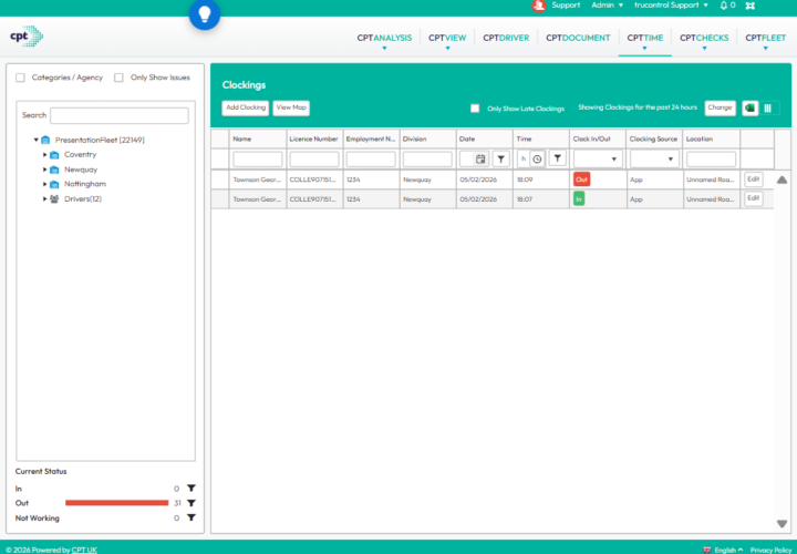 Microlise fleet management software interface showing clocking and vehicle data for buses and PSVs.