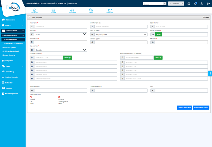 Screenshot of Microlise licence management interface showing form fields for user details, address, and vehicle information.