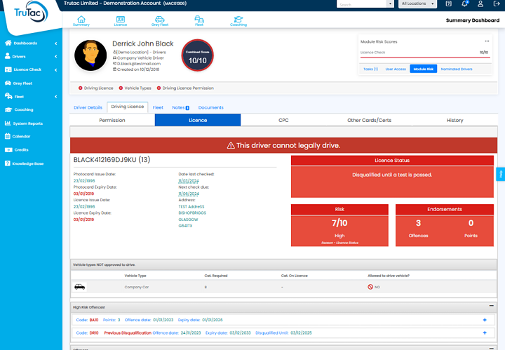 Screenshot of Microlise licence management interface showing driver details, licence status, and compliance information.