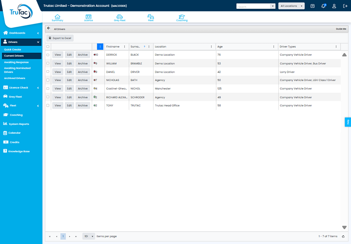 Screenshot of Microlise licence management interface showing driver details, locations, and vehicle information for fleet management.