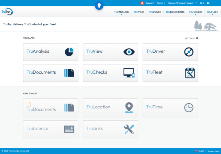 Screenshot of Microlise fleet management software showing TruAnalysis, TruView, TruDriver, and other modules for compliance and fleet control.