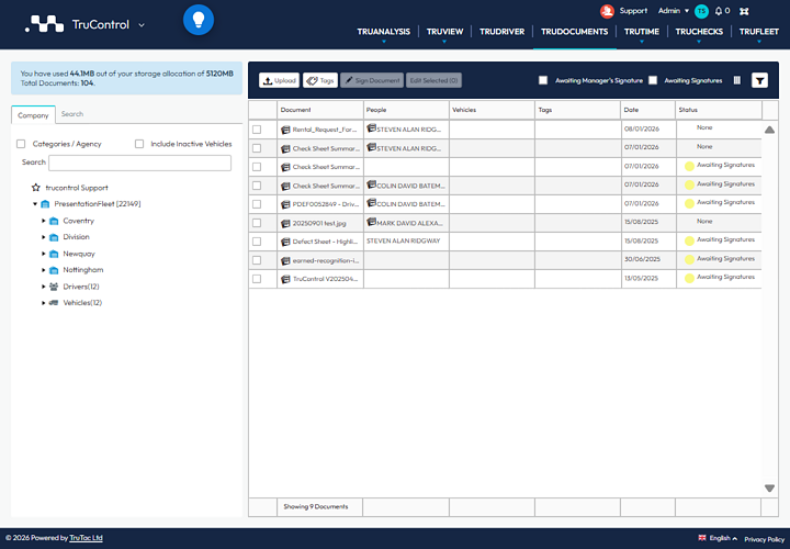 Screenshot of Microlise logistics management platform showing document list, signatures, and vehicle data for efficient fleet operations.