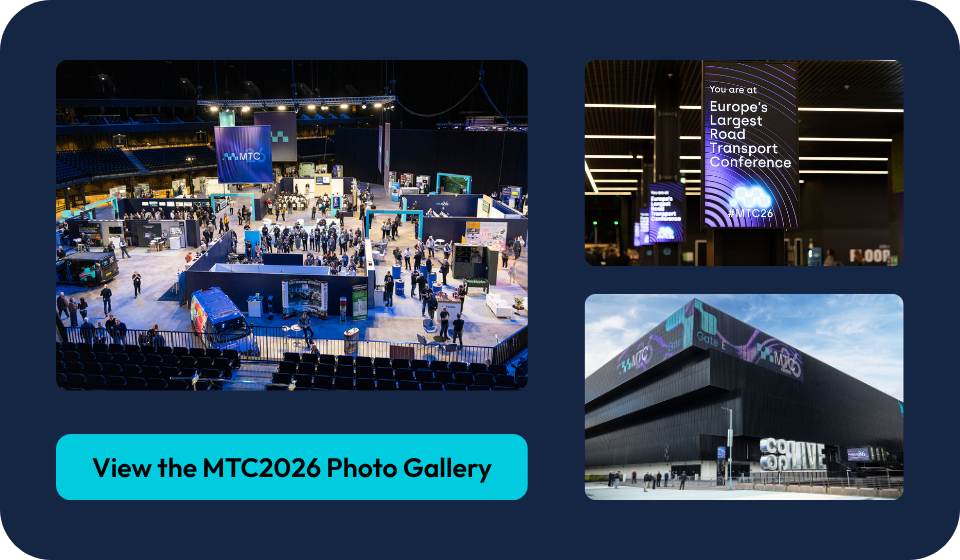 Large indoor transport conference with exhibition booths, stage, and attendees at MTC2026, showcasing Europe's leading logistics and transport innovations.